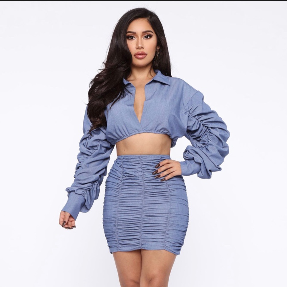 What’s the ruched denim skirt set